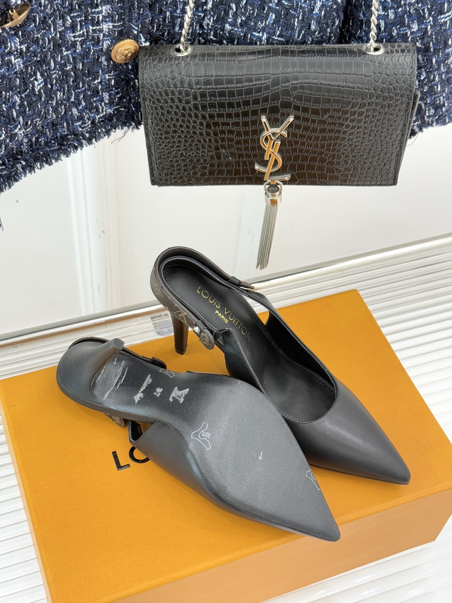 Louis Vuitton Black Leather Slingback Pumps with Monogram Strap