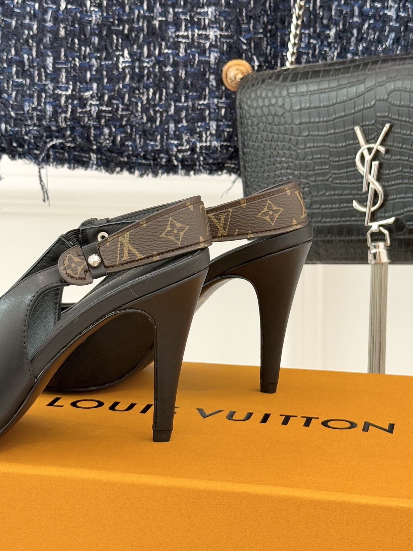Louis Vuitton Black Leather Slingback Pumps with Monogram Strap