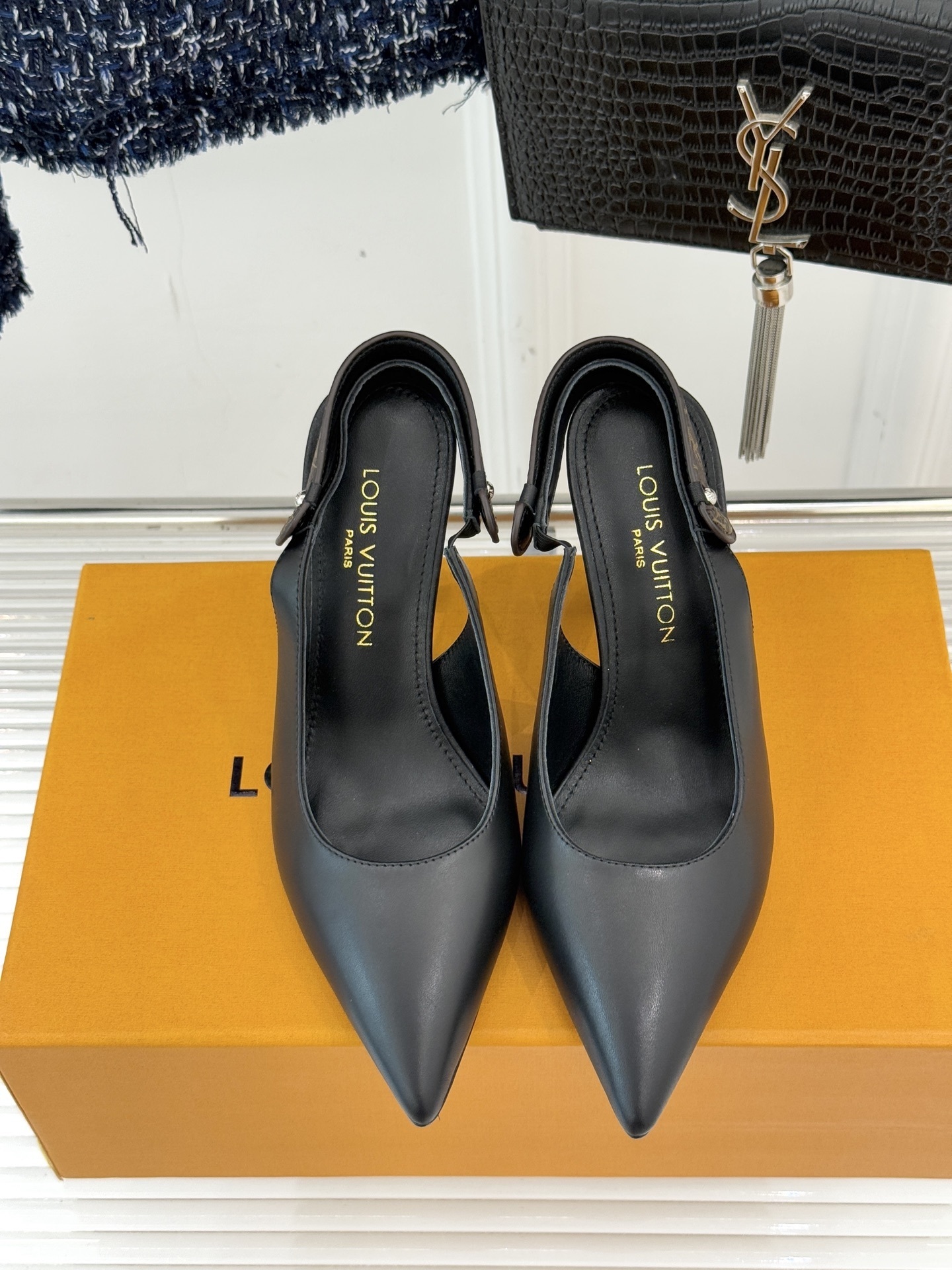 Louis Vuitton Black Leather Slingback Pumps with Monogram Strap