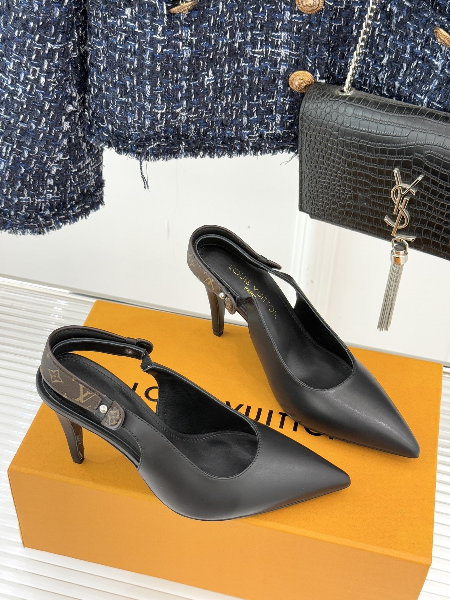 Louis Vuitton Black Leather Slingback Pumps with Monogram Strap