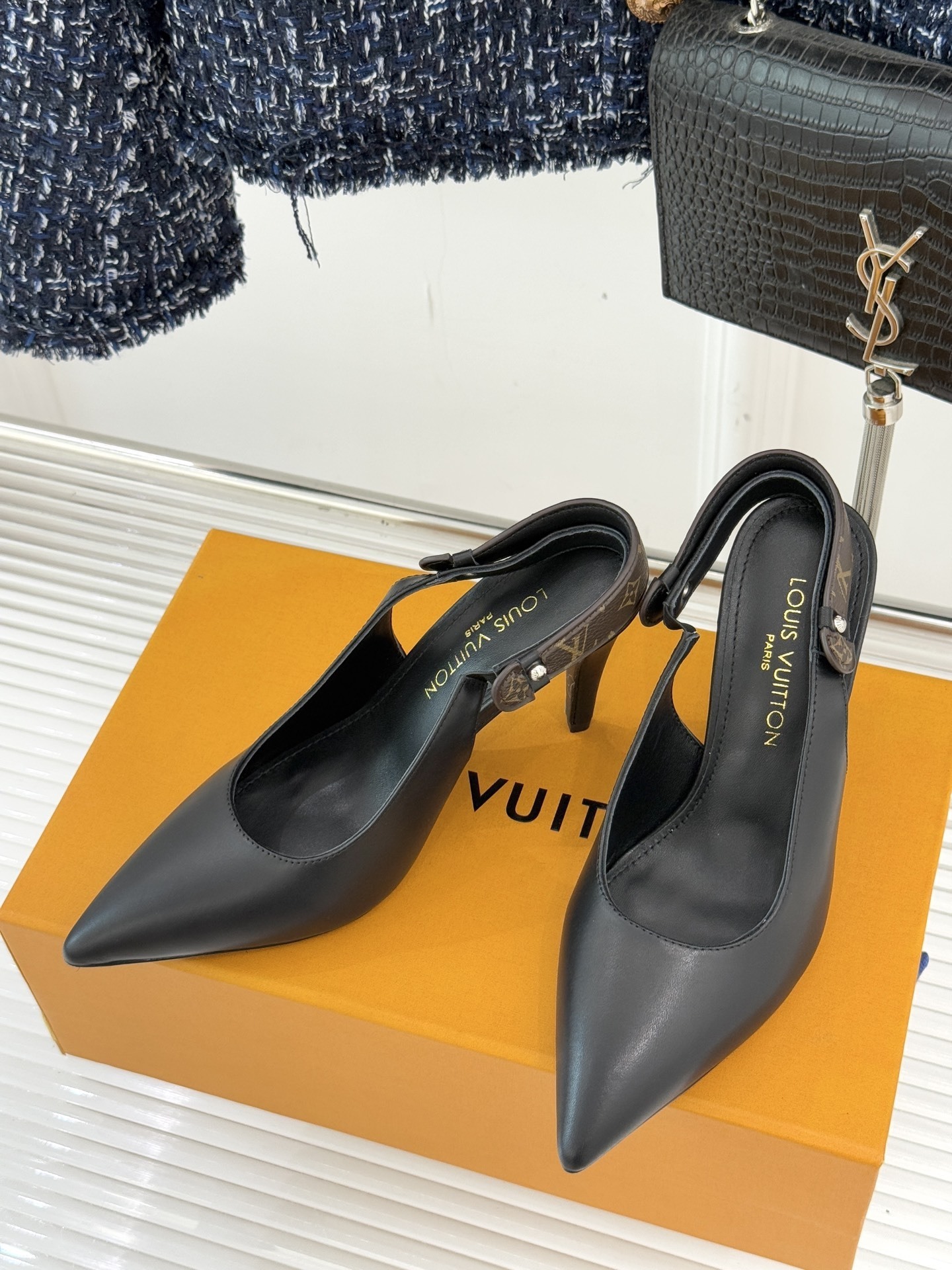 Louis Vuitton Black Leather Slingback Pumps with Monogram Strap