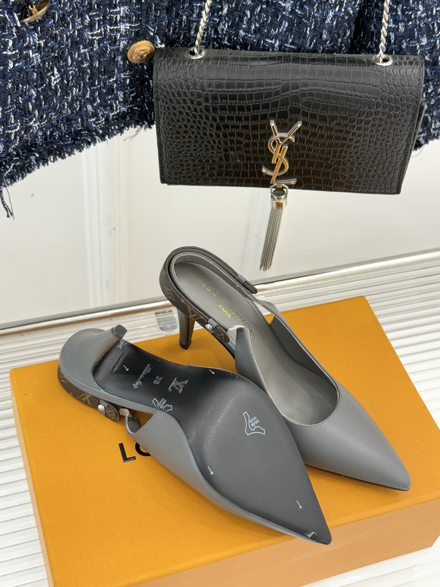 Louis Vuitton Grey Leather Monogram Slingback Pointed Toe Pumps