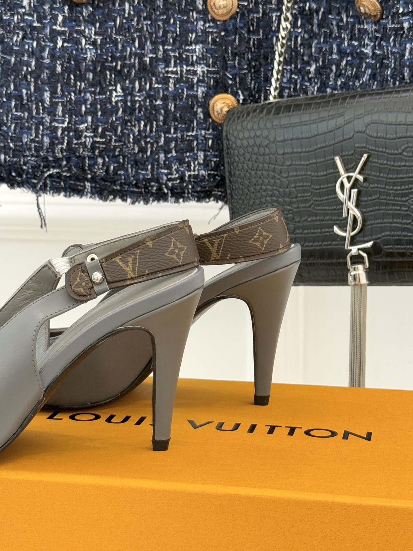 Louis Vuitton Grey Leather Monogram Slingback Pointed Toe Pumps