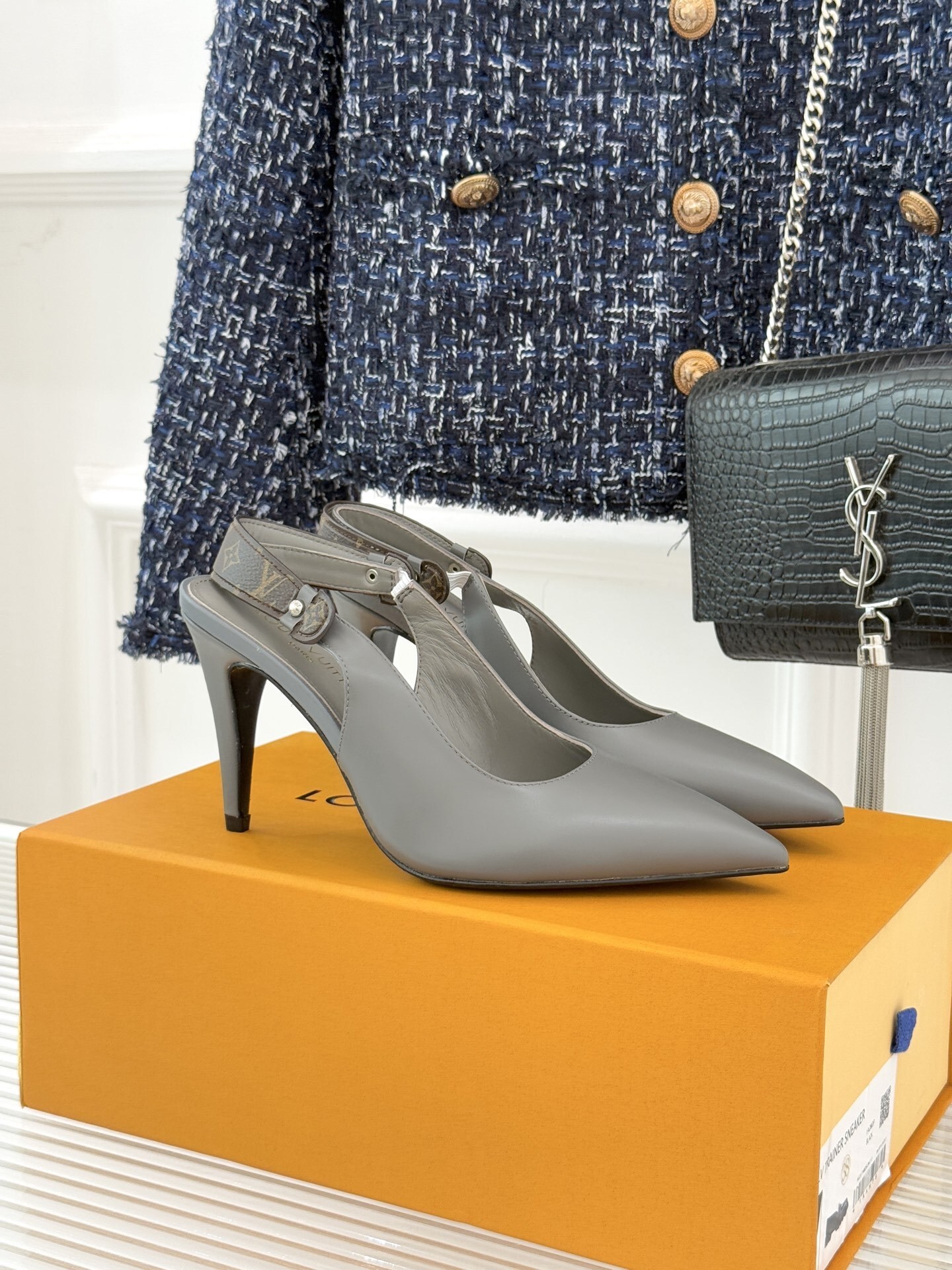 Louis Vuitton Grey Leather Monogram Slingback Pointed Toe Pumps