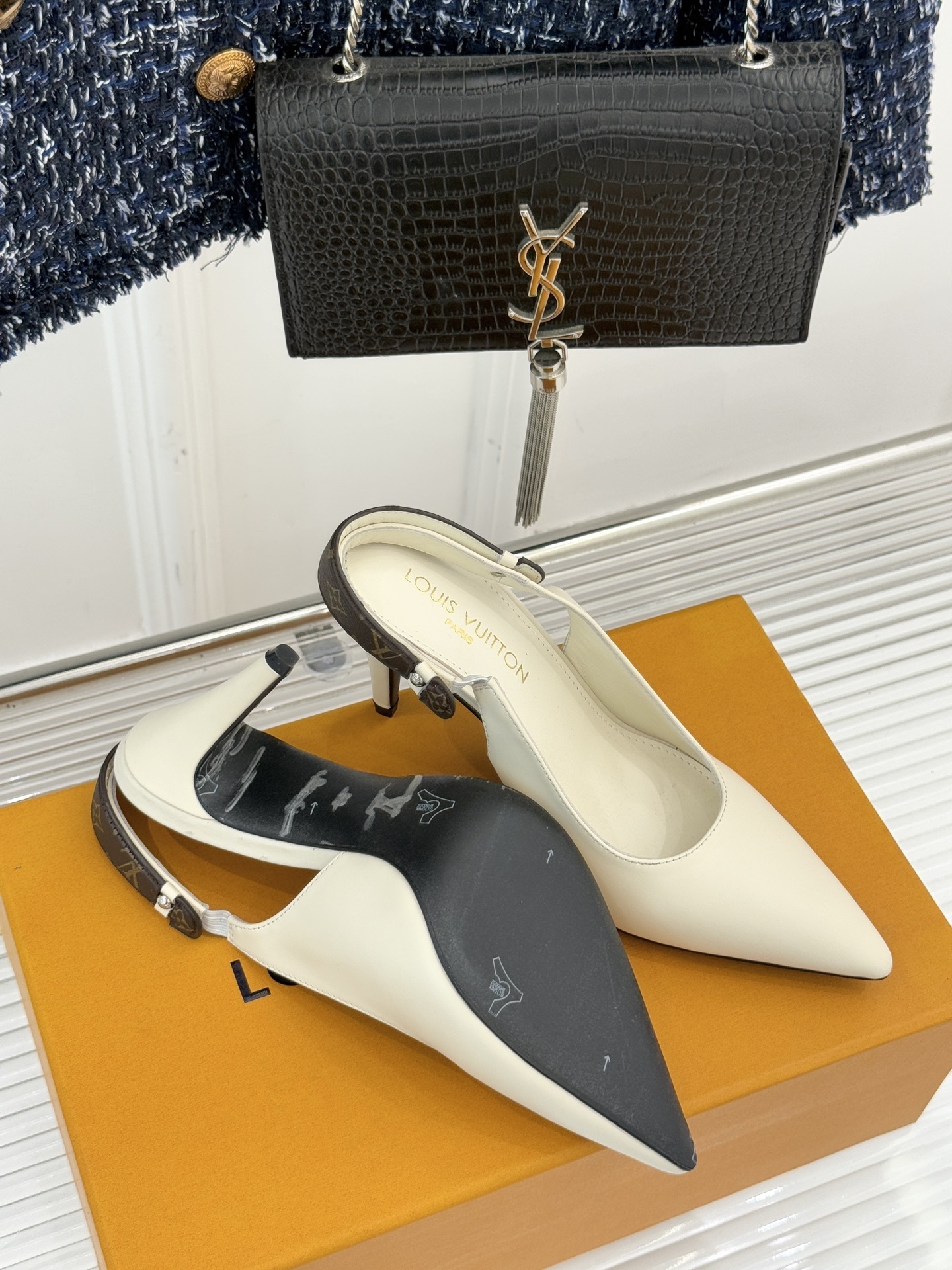 Louis Vuitton Monogram Cream Leather Slingback Pumps - Pointed Toe