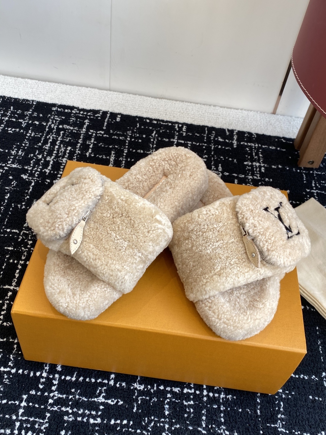 Louis Vuitton Beige Shearling Fur Slides with Zipper Pocket