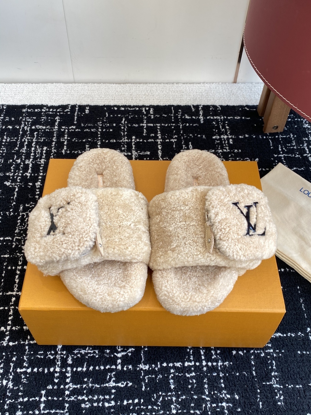 Louis Vuitton Beige Shearling Fur Slides with Zipper Pocket