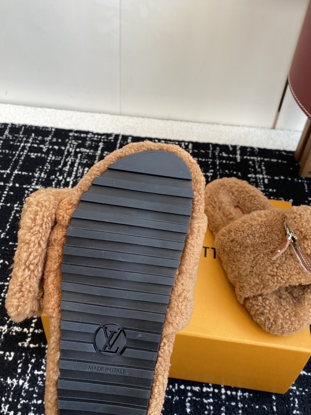 Louis Vuitton Brown Shearling Slides with Pouch - Luxury Slippers