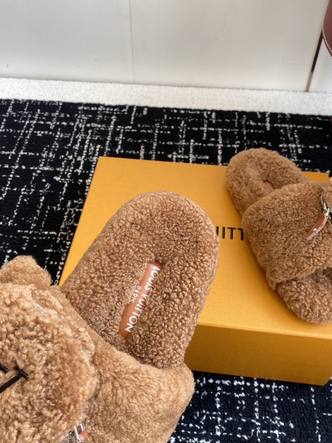 Louis Vuitton Brown Shearling Slides with Pouch - Luxury Slippers