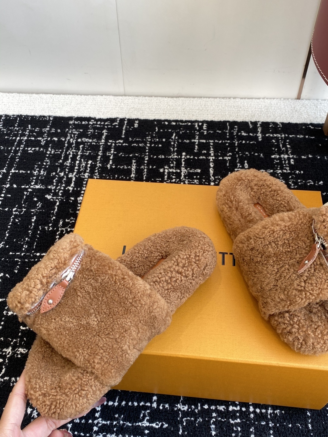 Louis Vuitton Brown Shearling Slides with Pouch - Luxury Slippers