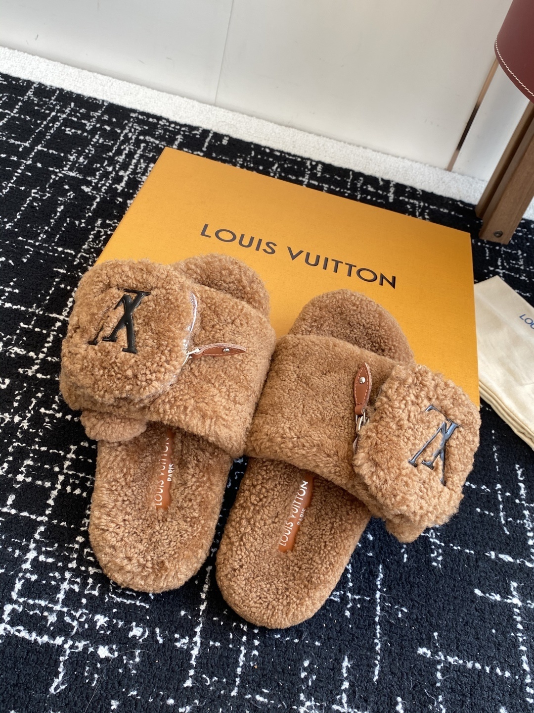 Louis Vuitton Brown Shearling Slides with Pouch - Luxury Slippers
