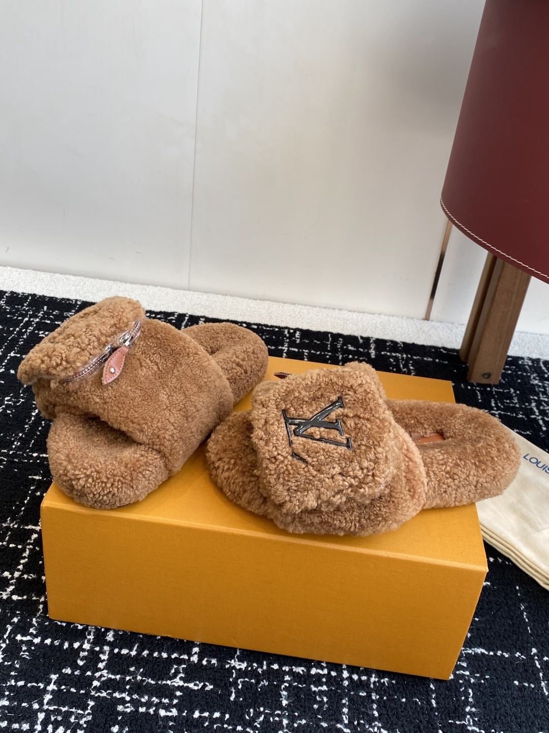 Louis Vuitton Brown Shearling Slides with Pouch - Luxury Slippers