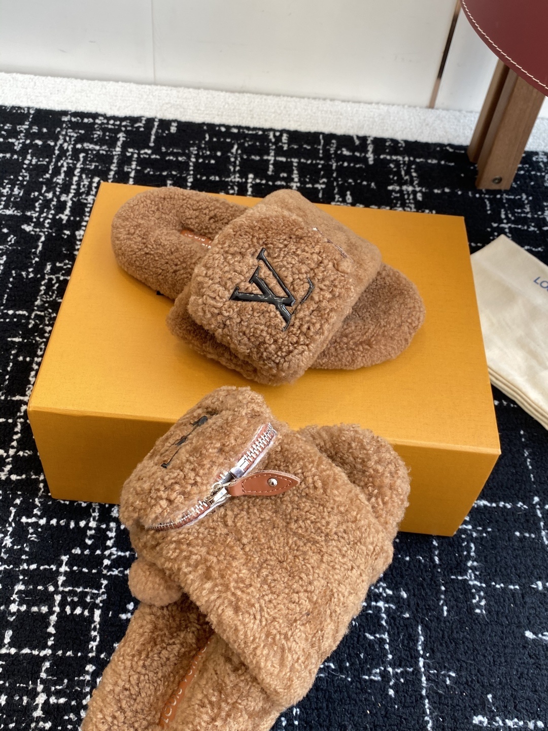 Louis Vuitton Brown Shearling Slides with Pouch - Luxury Slippers