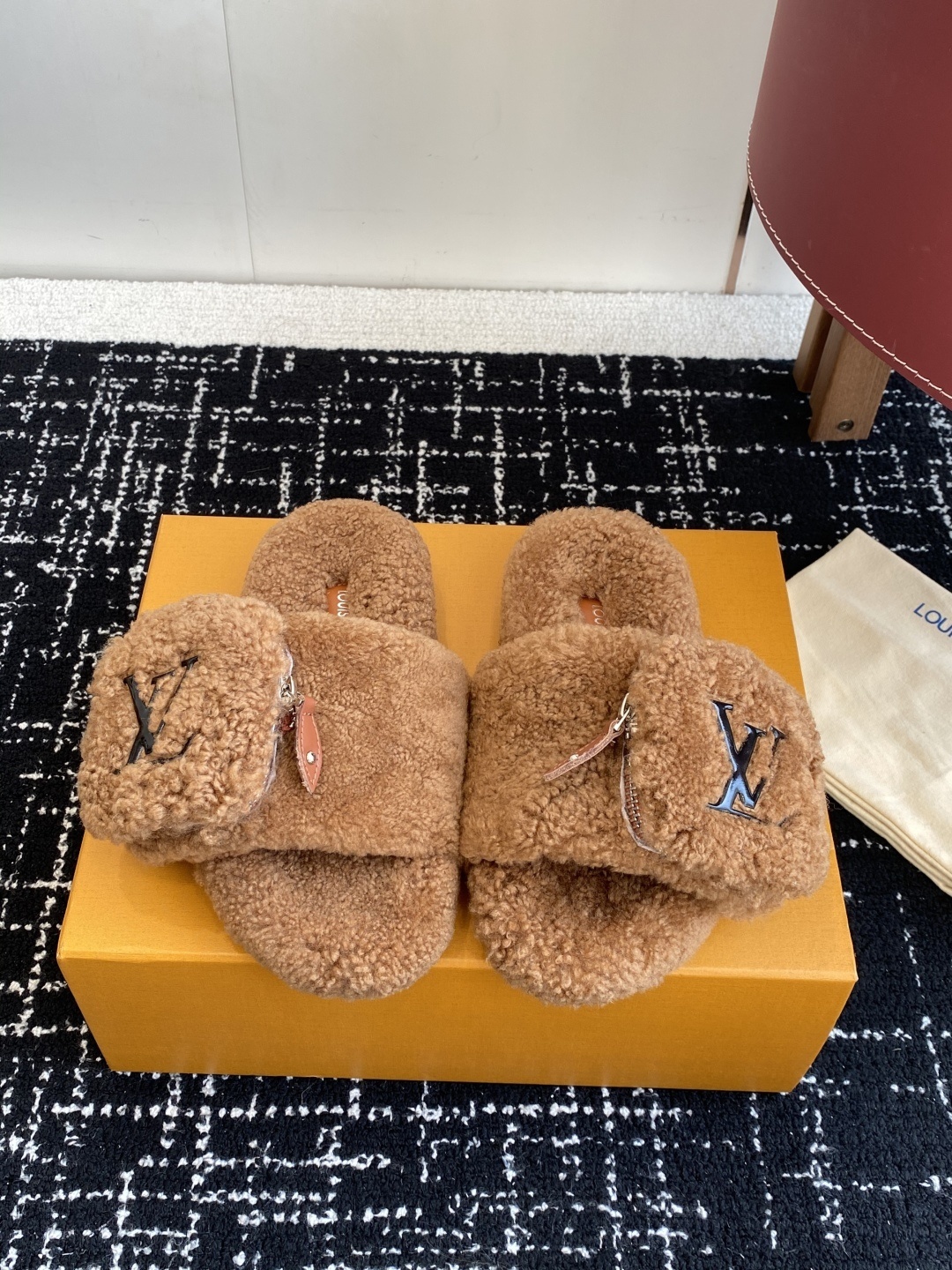 Louis Vuitton Brown Shearling Slides with Pouch – Luxury Slippers