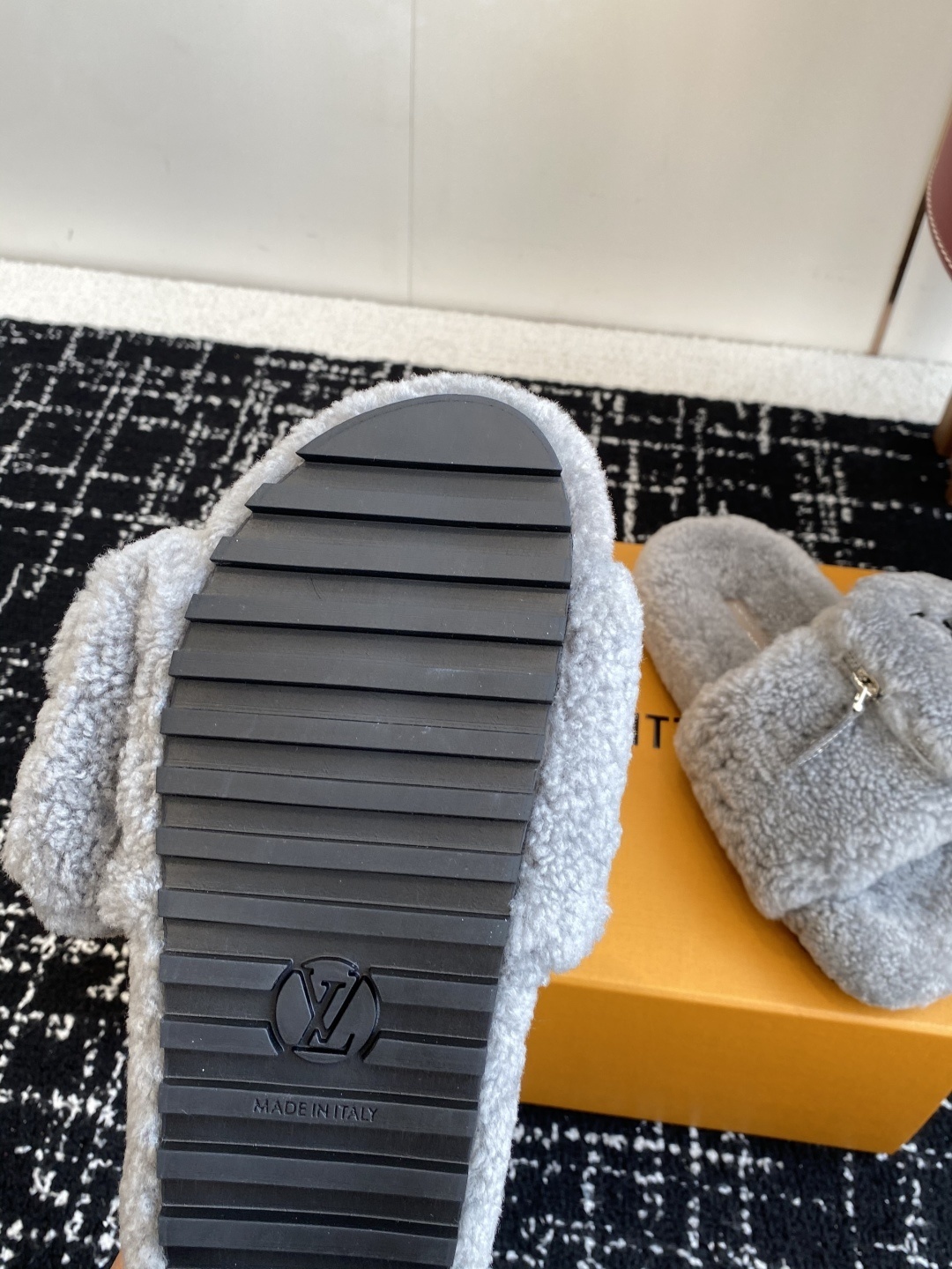 Louis Vuitton Grey Shearling Mule Slides with LV Zipper Pouch