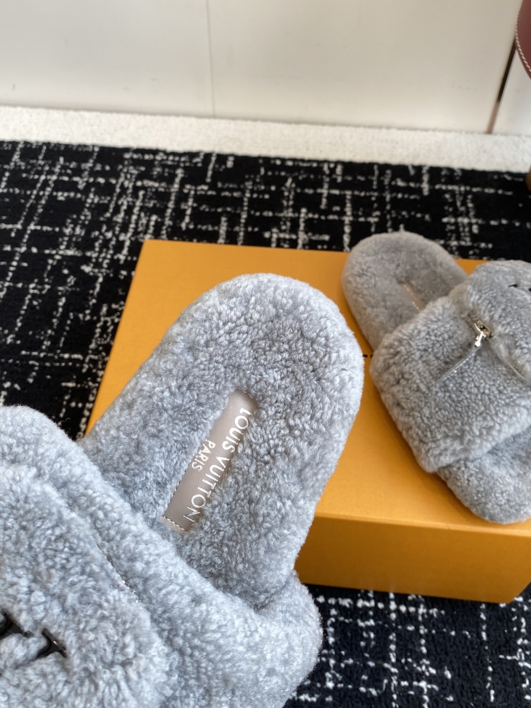Louis Vuitton Grey Shearling Mule Slides with LV Zipper Pouch
