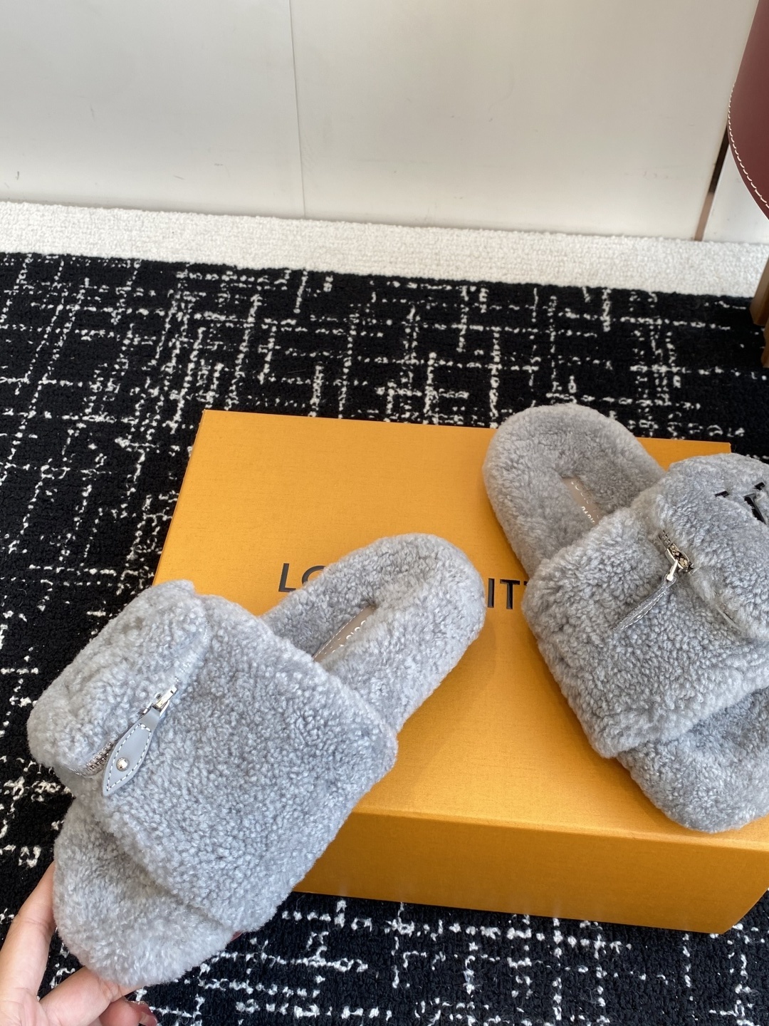 Louis Vuitton Grey Shearling Mule Slides with LV Zipper Pouch
