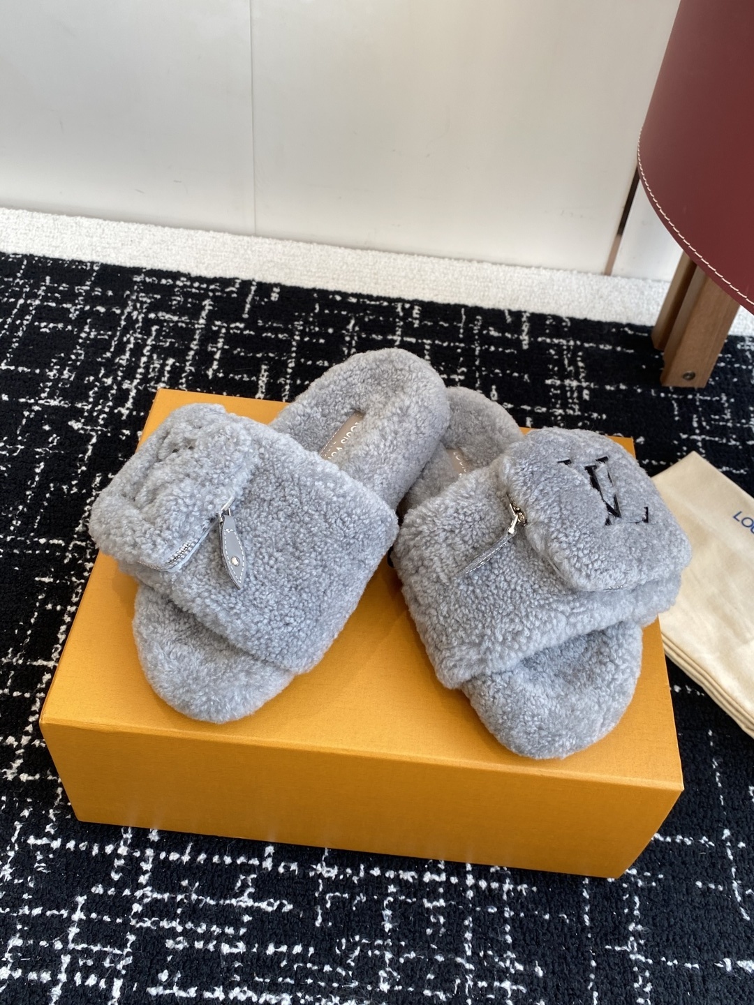 Louis Vuitton Grey Shearling Mule Slides with LV Zipper Pouch
