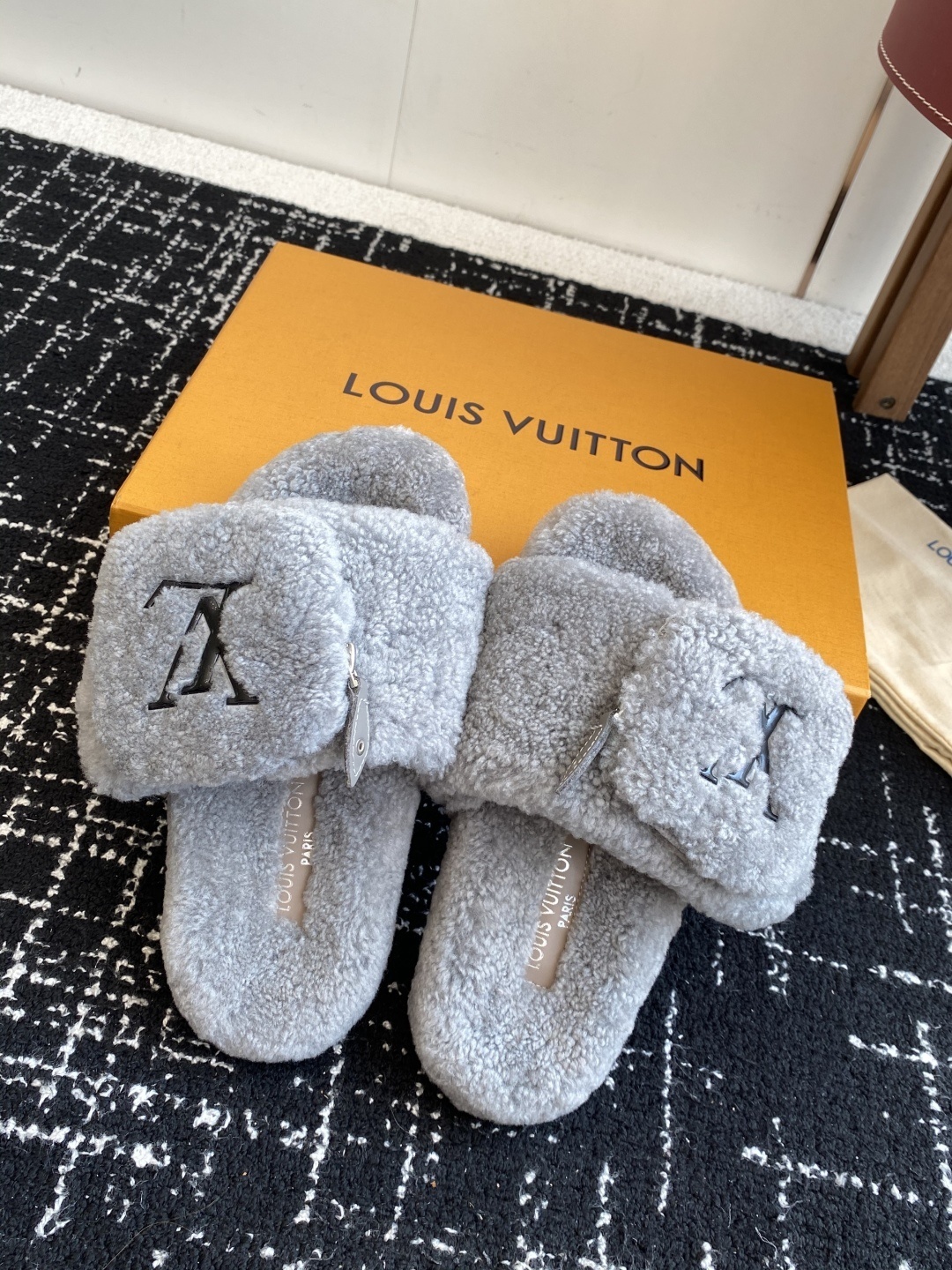 Louis Vuitton Grey Shearling Mule Slides with LV Zipper Pouch