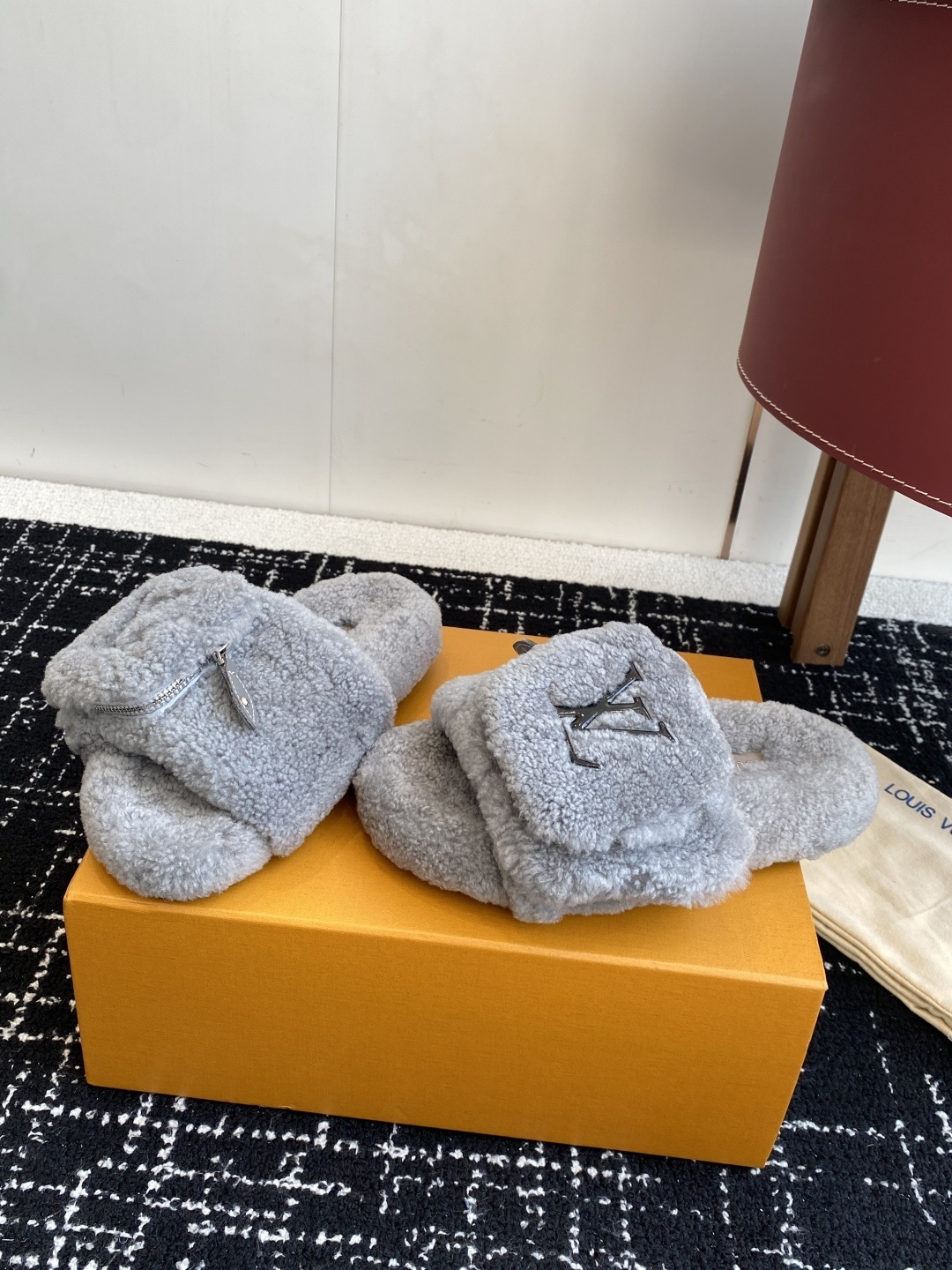 Louis Vuitton Grey Shearling Mule Slides with LV Zipper Pouch