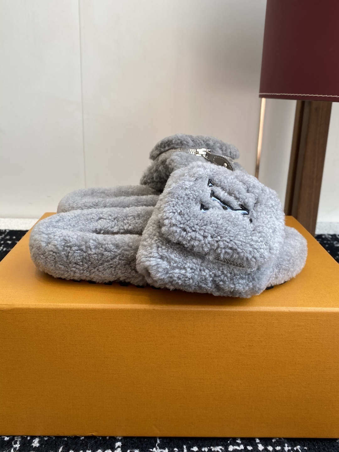 Louis Vuitton Grey Shearling Mule Slides with LV Zipper Pouch