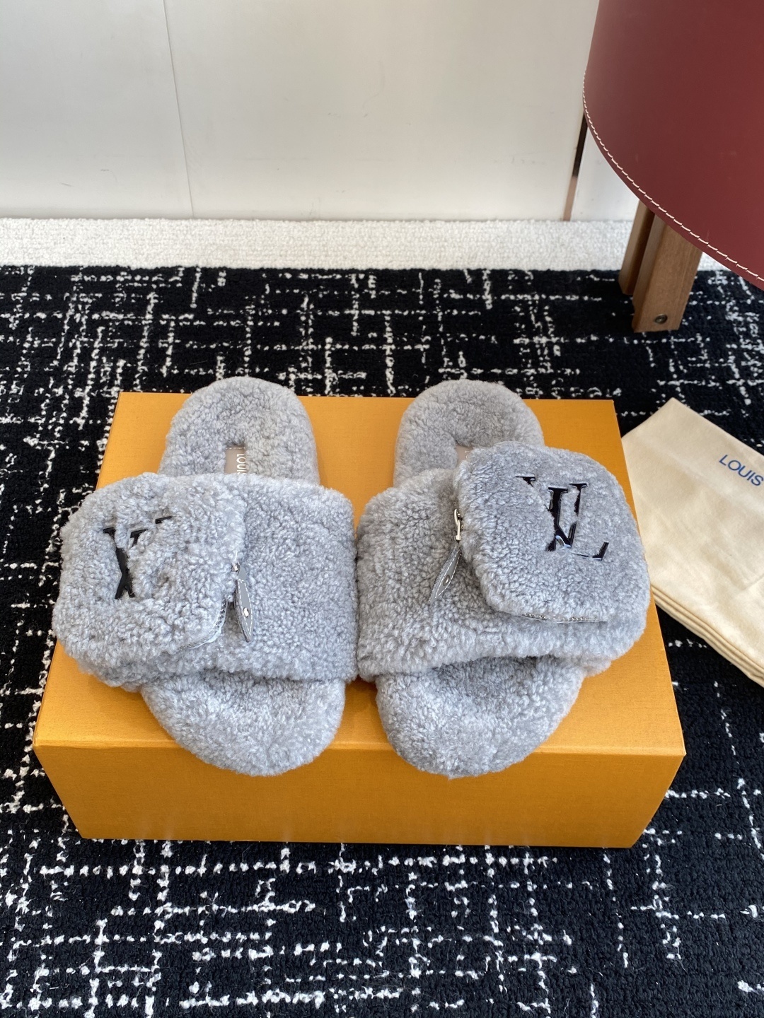 Louis Vuitton Grey Shearling Mule Slides with LV Zipper Pouch