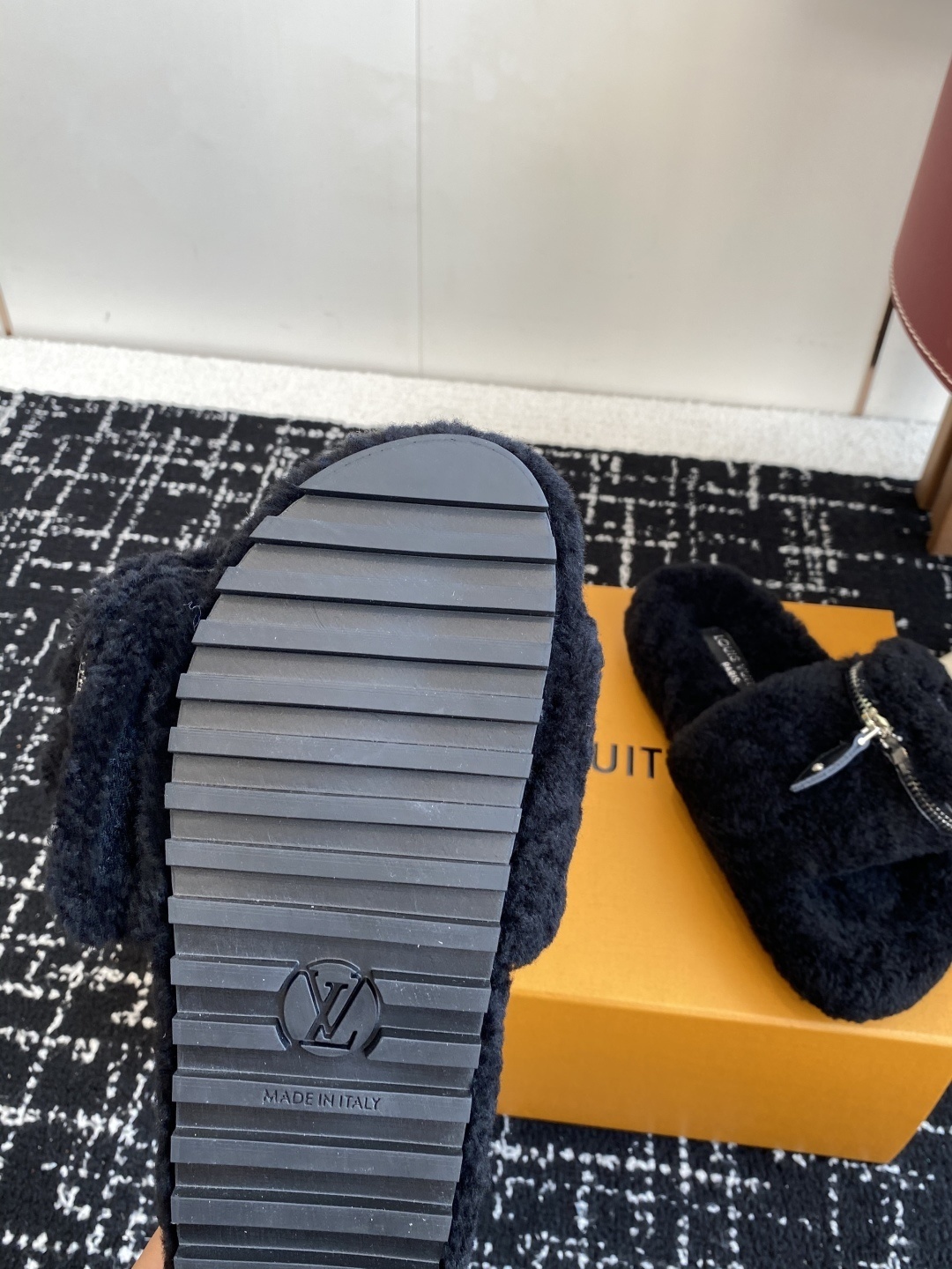 Louis Vuitton Black Shearling Fur Slippers with LV Logo