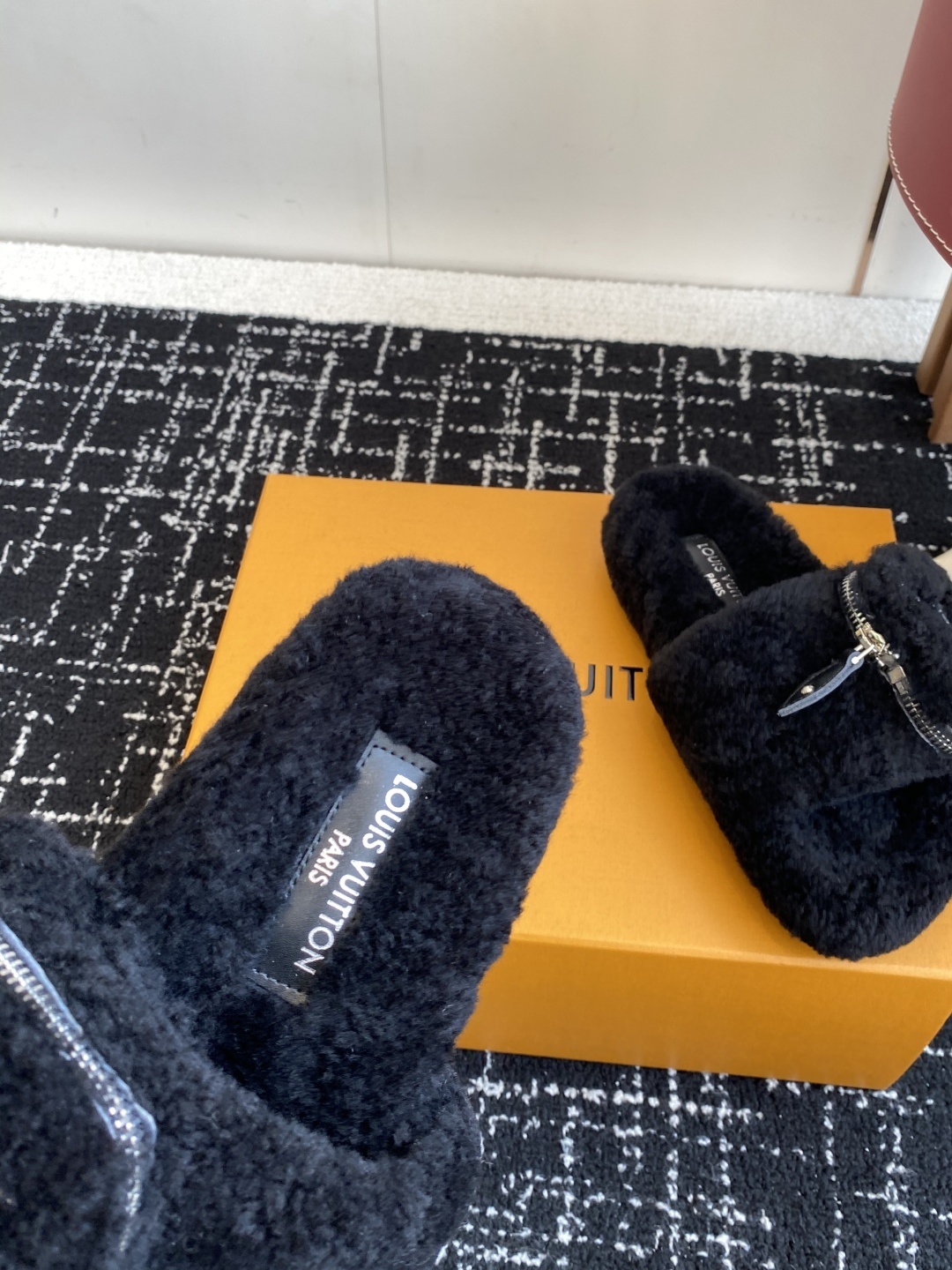 Louis Vuitton Black Shearling Fur Slippers with LV Logo