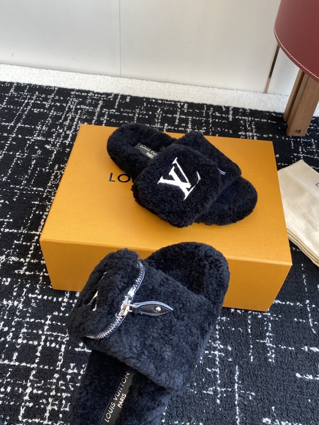 Louis Vuitton Black Shearling Fur Slippers with LV Logo