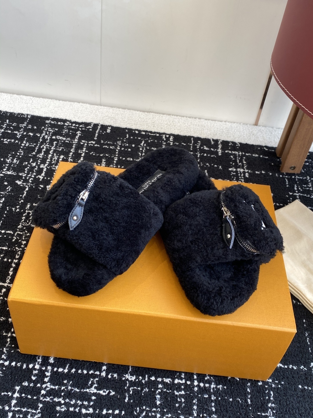 Louis Vuitton Black Shearling Fur Slippers with LV Logo