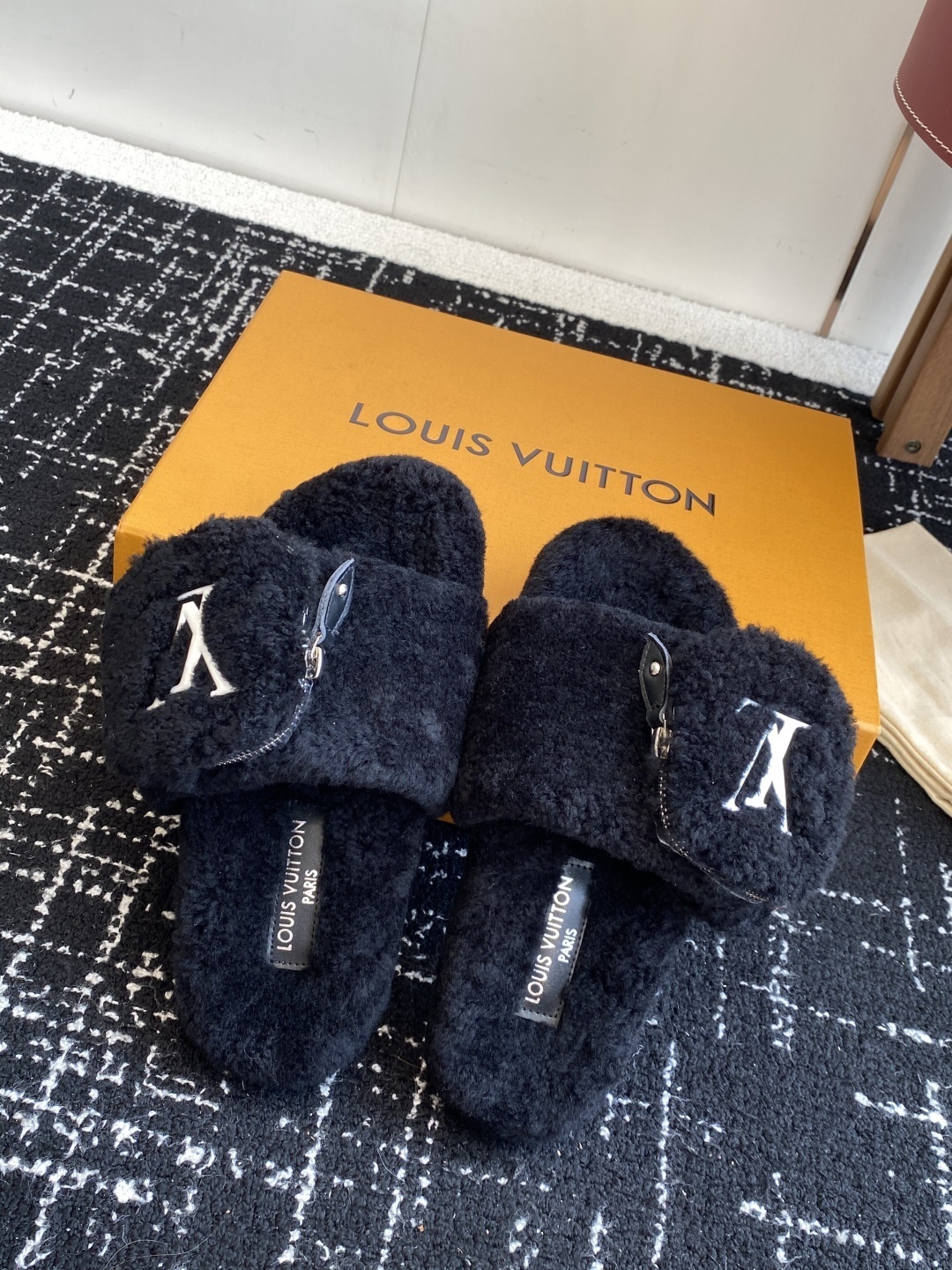 Louis Vuitton Black Shearling Fur Slippers with LV Logo