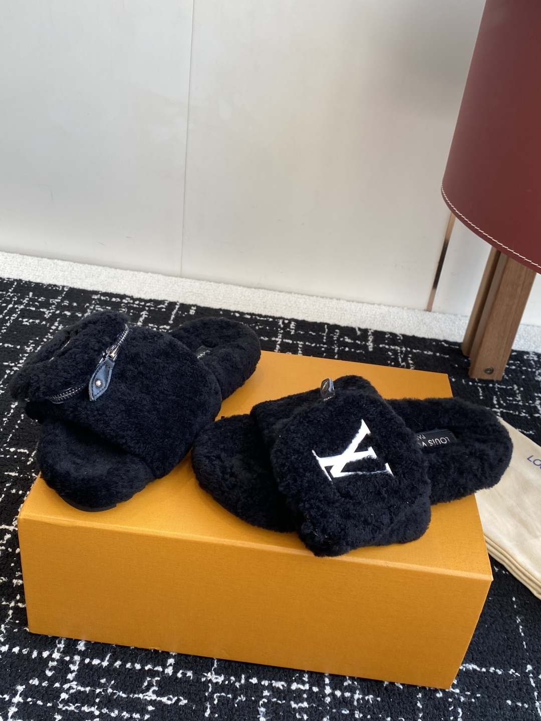 Louis Vuitton Black Shearling Fur Slippers with LV Logo