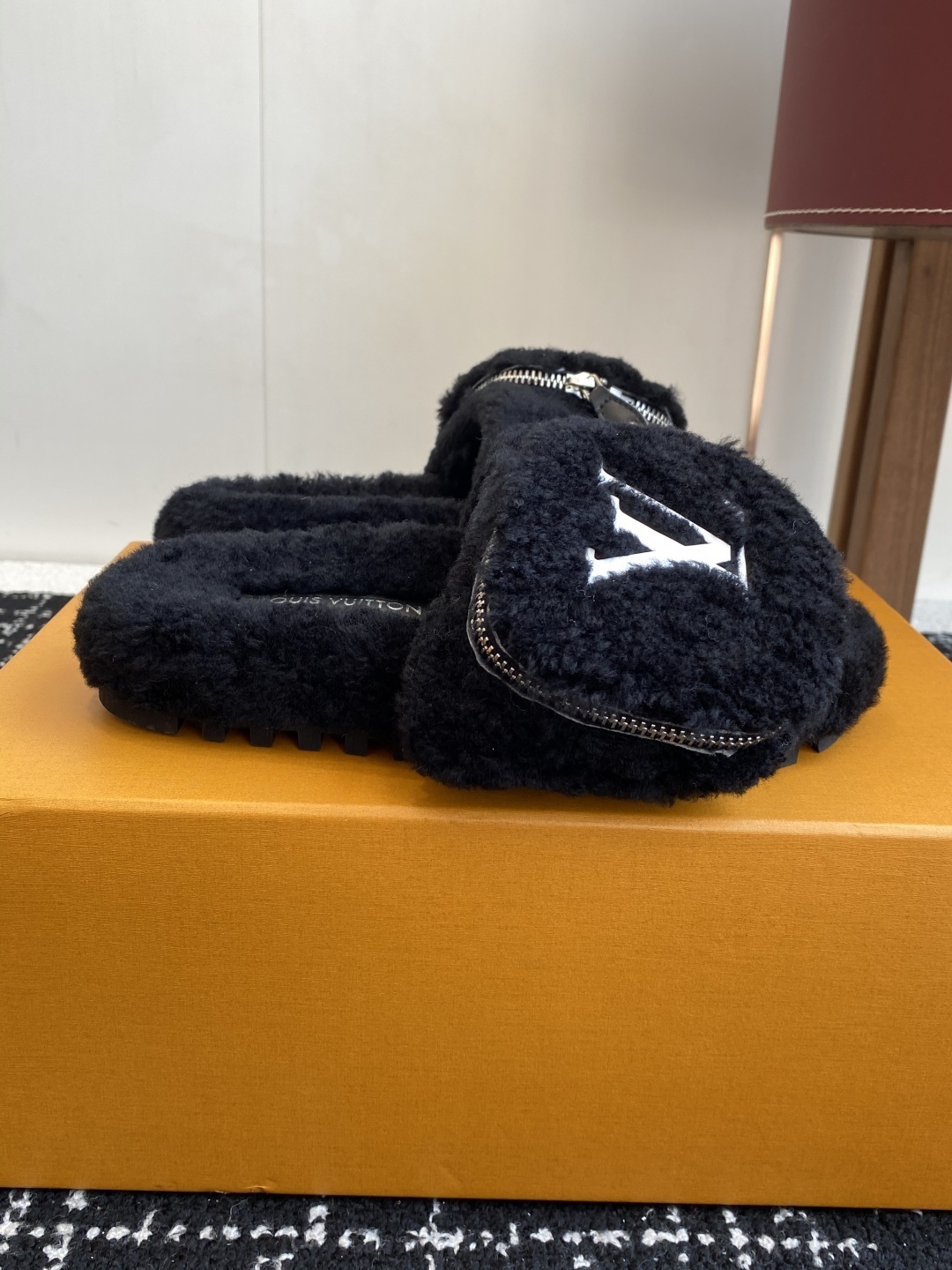 Louis Vuitton Black Shearling Fur Slippers with LV Logo