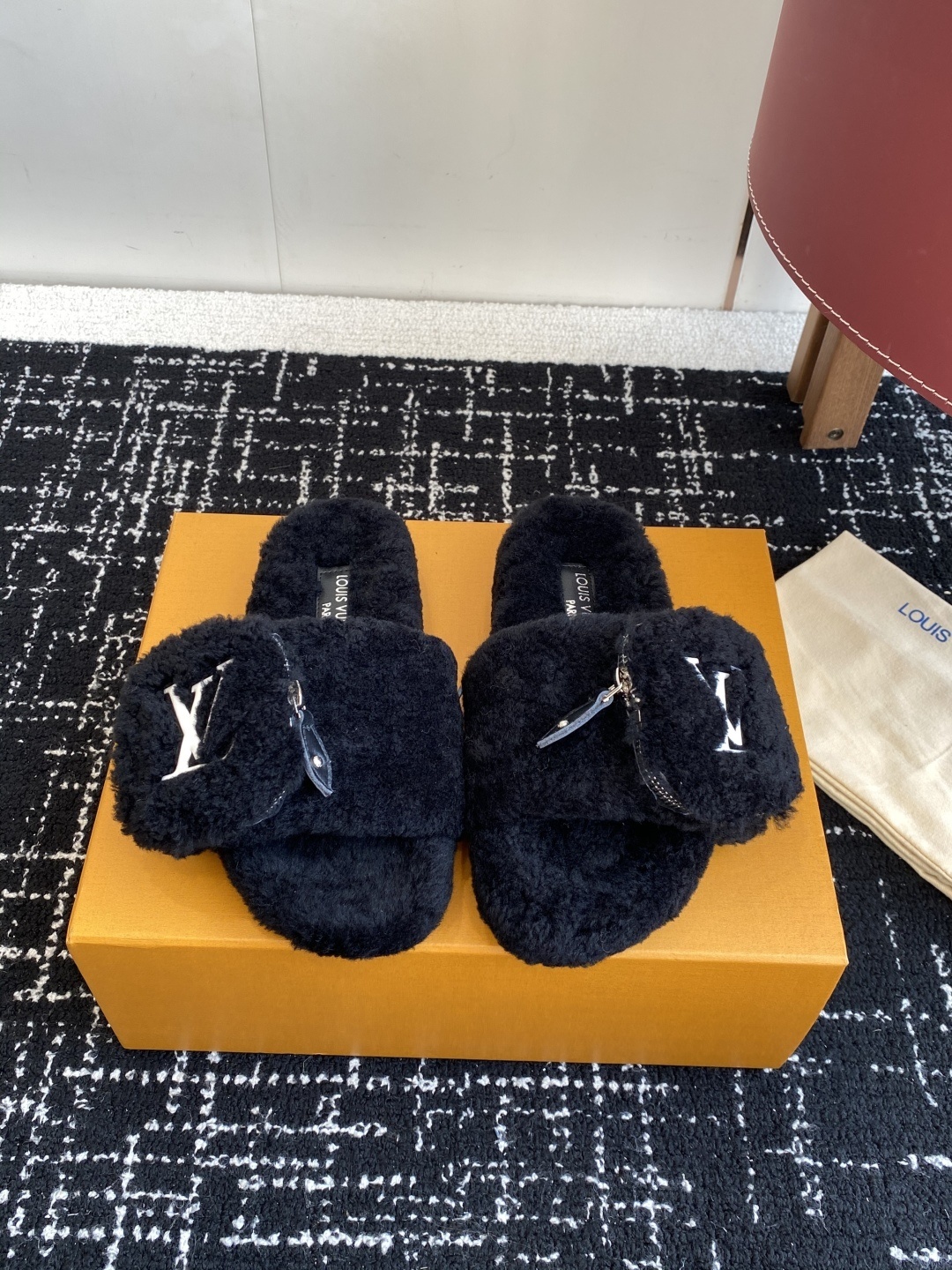 Louis Vuitton Black Shearling Fur Slippers with LV Logo