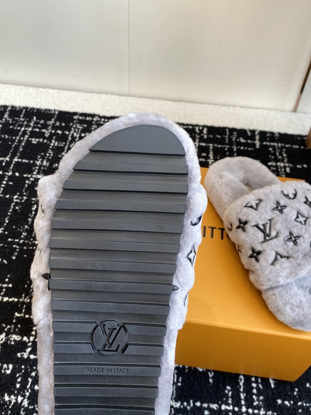Louis Vuitton Monogram Grey Plush Fuzzy Slippers - Luxury Slides