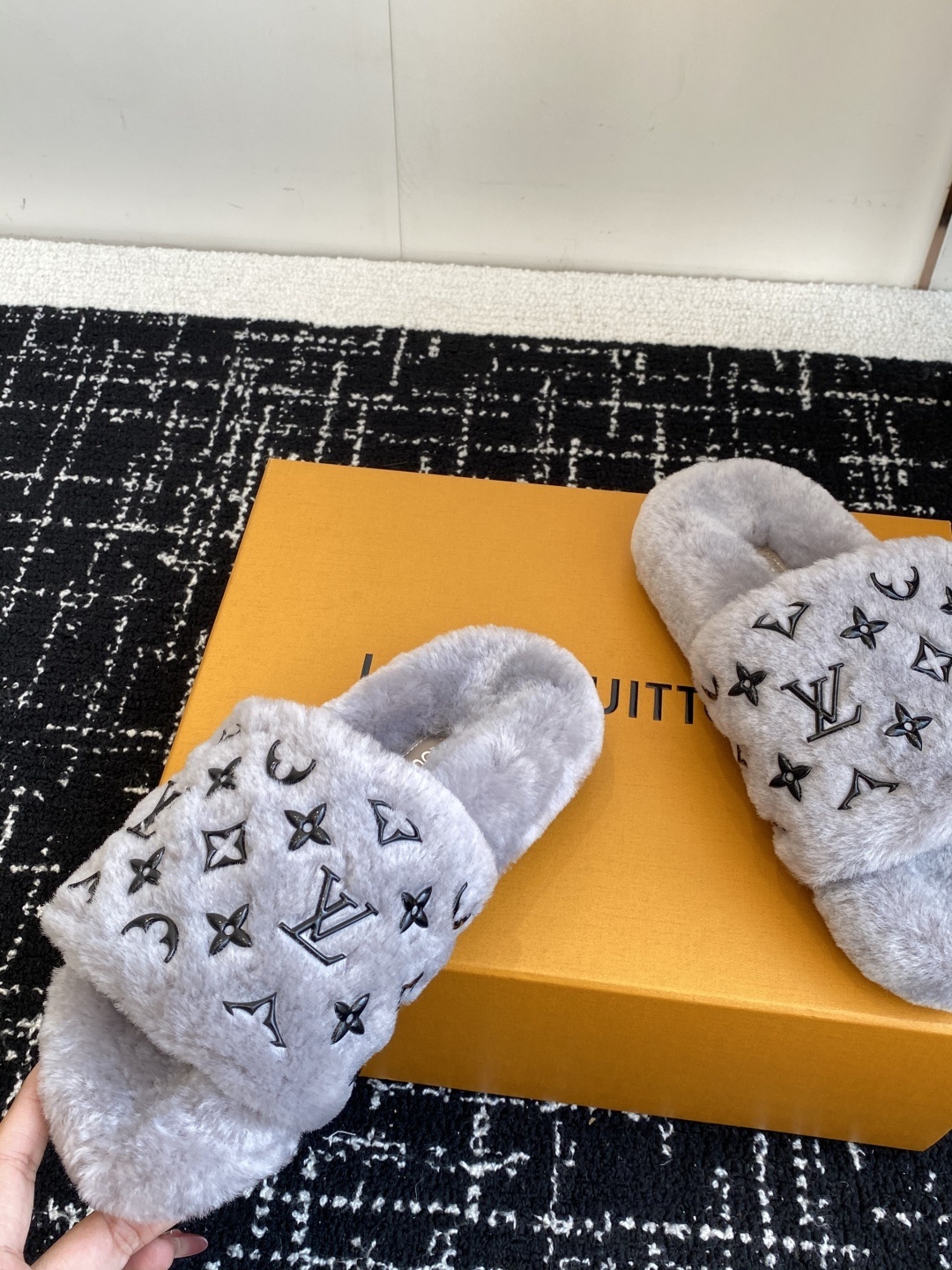 Louis Vuitton Monogram Grey Plush Fuzzy Slippers - Luxury Slides