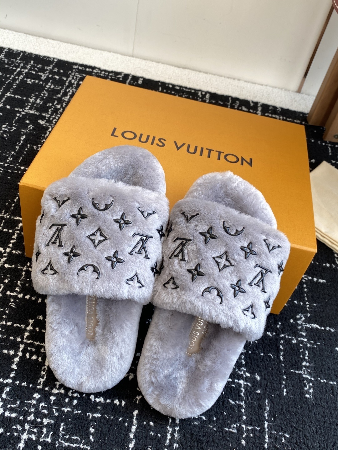 Louis Vuitton Monogram Grey Plush Fuzzy Slippers - Luxury Slides