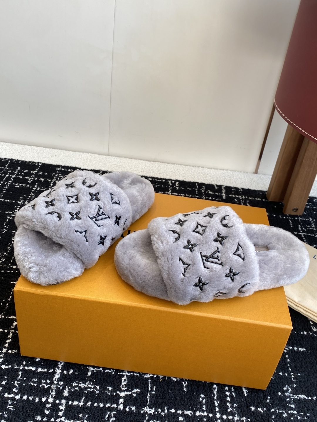 Louis Vuitton Monogram Grey Plush Fuzzy Slippers - Luxury Slides