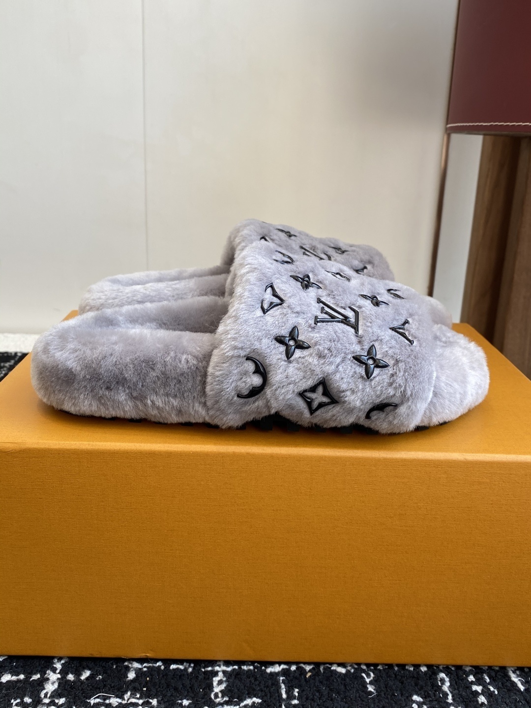 Louis Vuitton Monogram Grey Plush Fuzzy Slippers - Luxury Slides