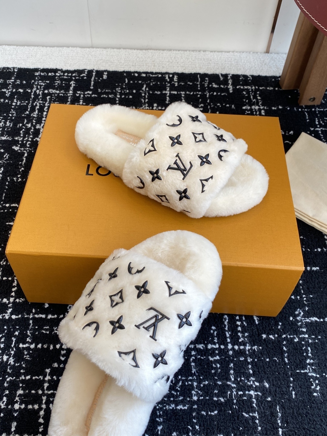 Luxury Monogram Furry Slides - Cozy Designer Shearling Slippers