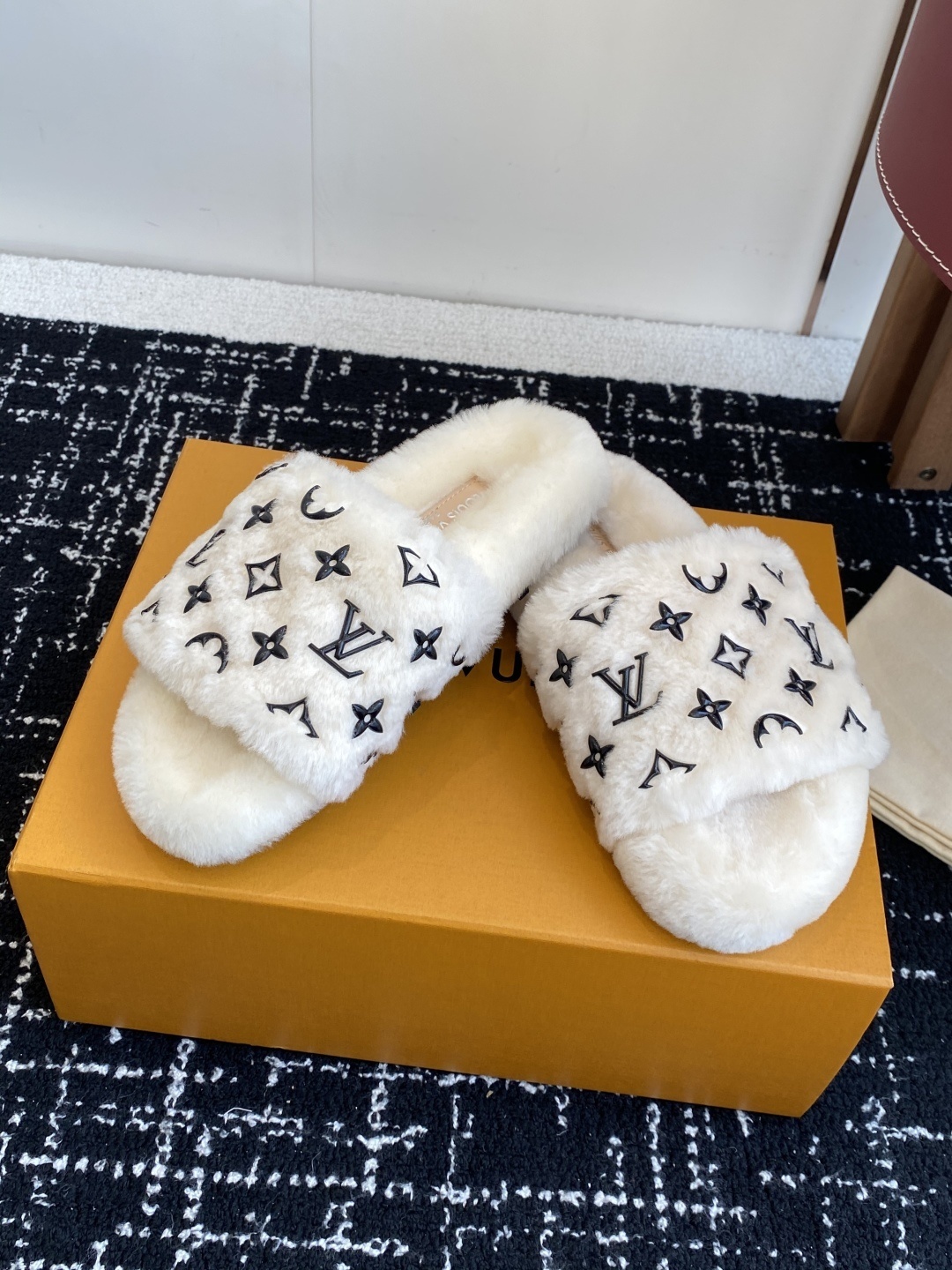 Luxury Monogram Furry Slides - Cozy Designer Shearling Slippers