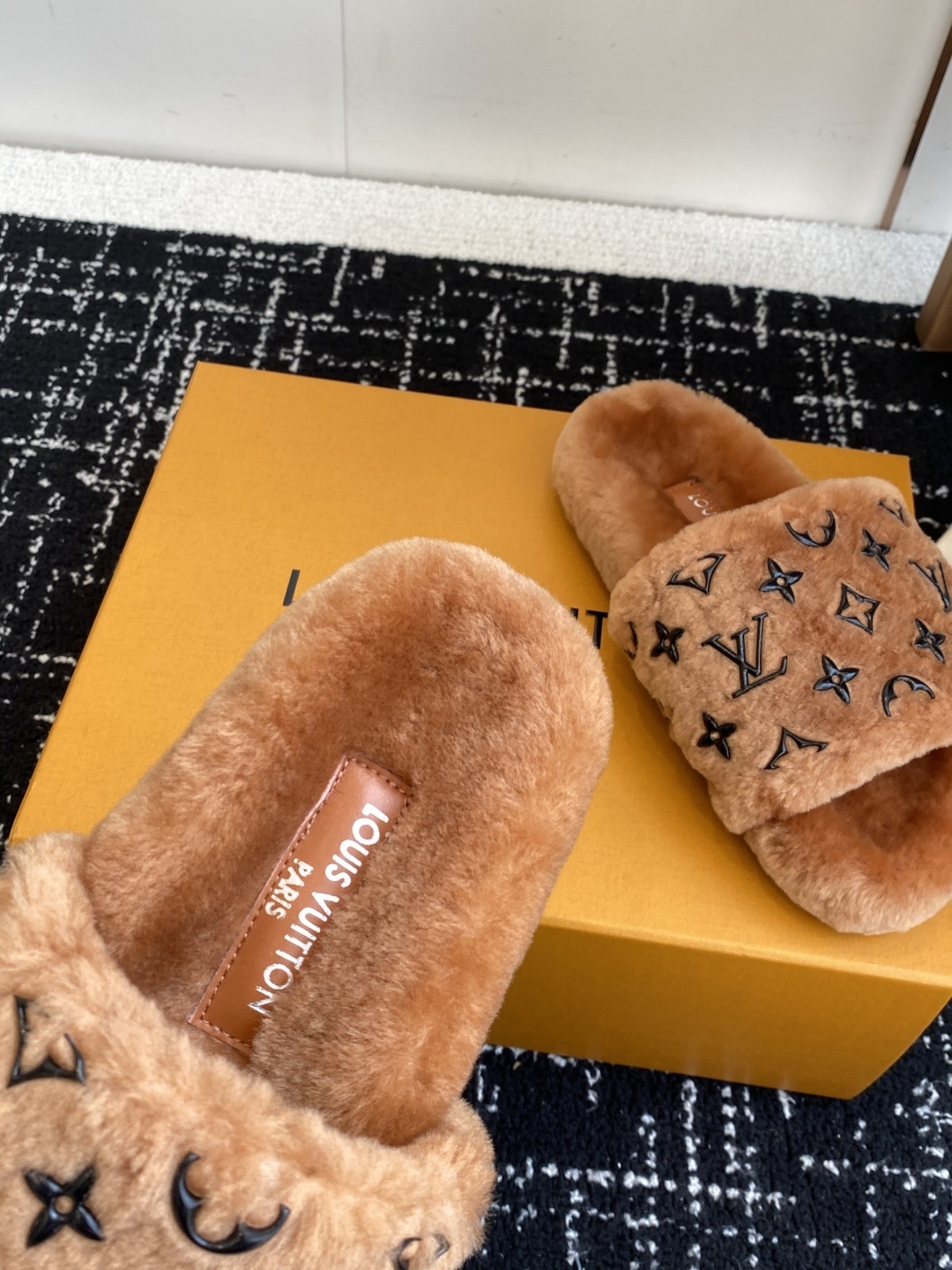 Luxury Monogram Plush Fur Slides - Designer Winter Slippers