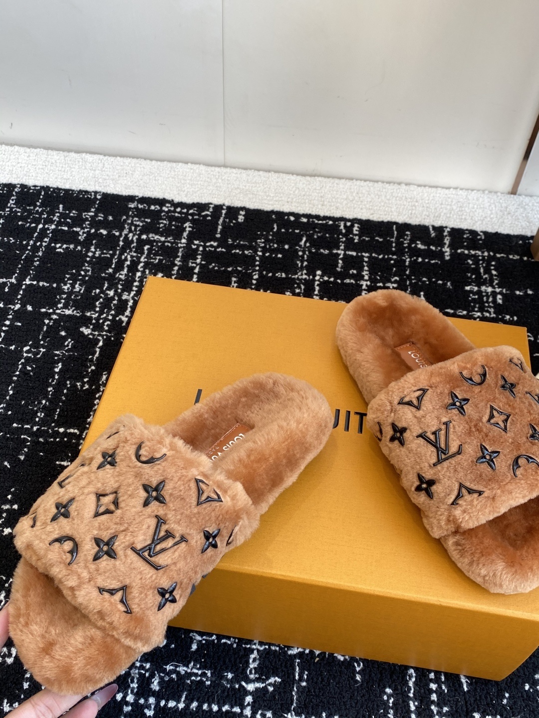 Luxury Monogram Plush Fur Slides - Designer Winter Slippers