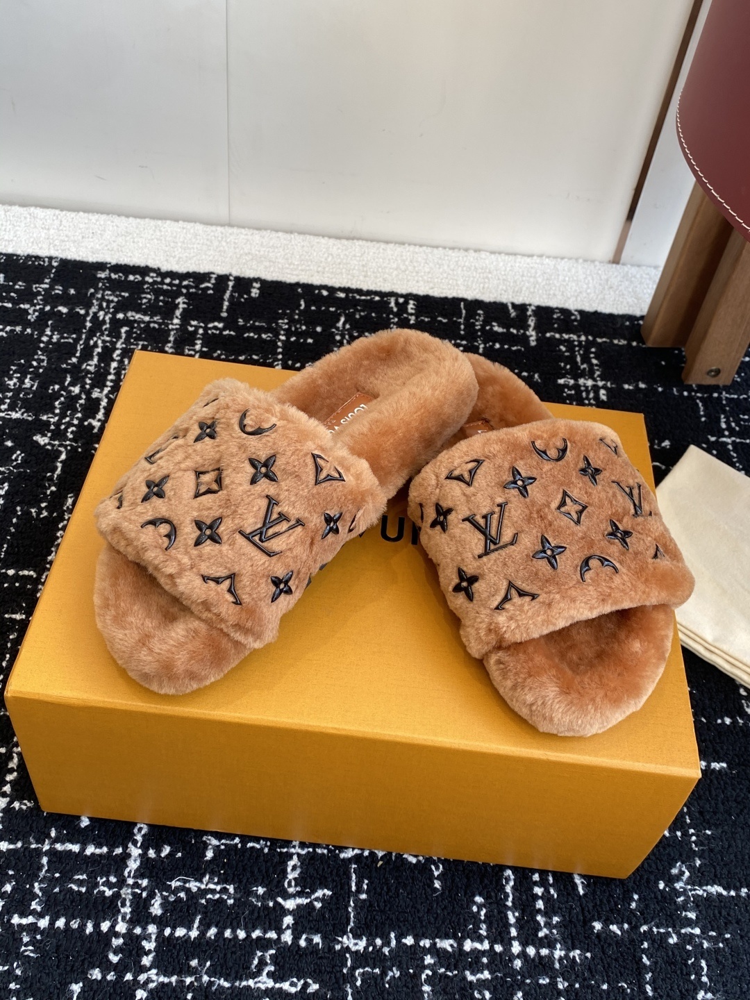 Luxury Monogram Plush Fur Slides - Designer Winter Slippers