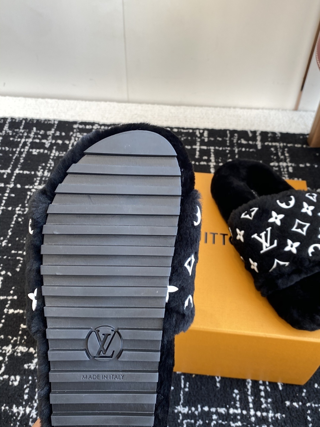 Luxury Monogram Plush Faux Fur Slides - Black Designer Slippers