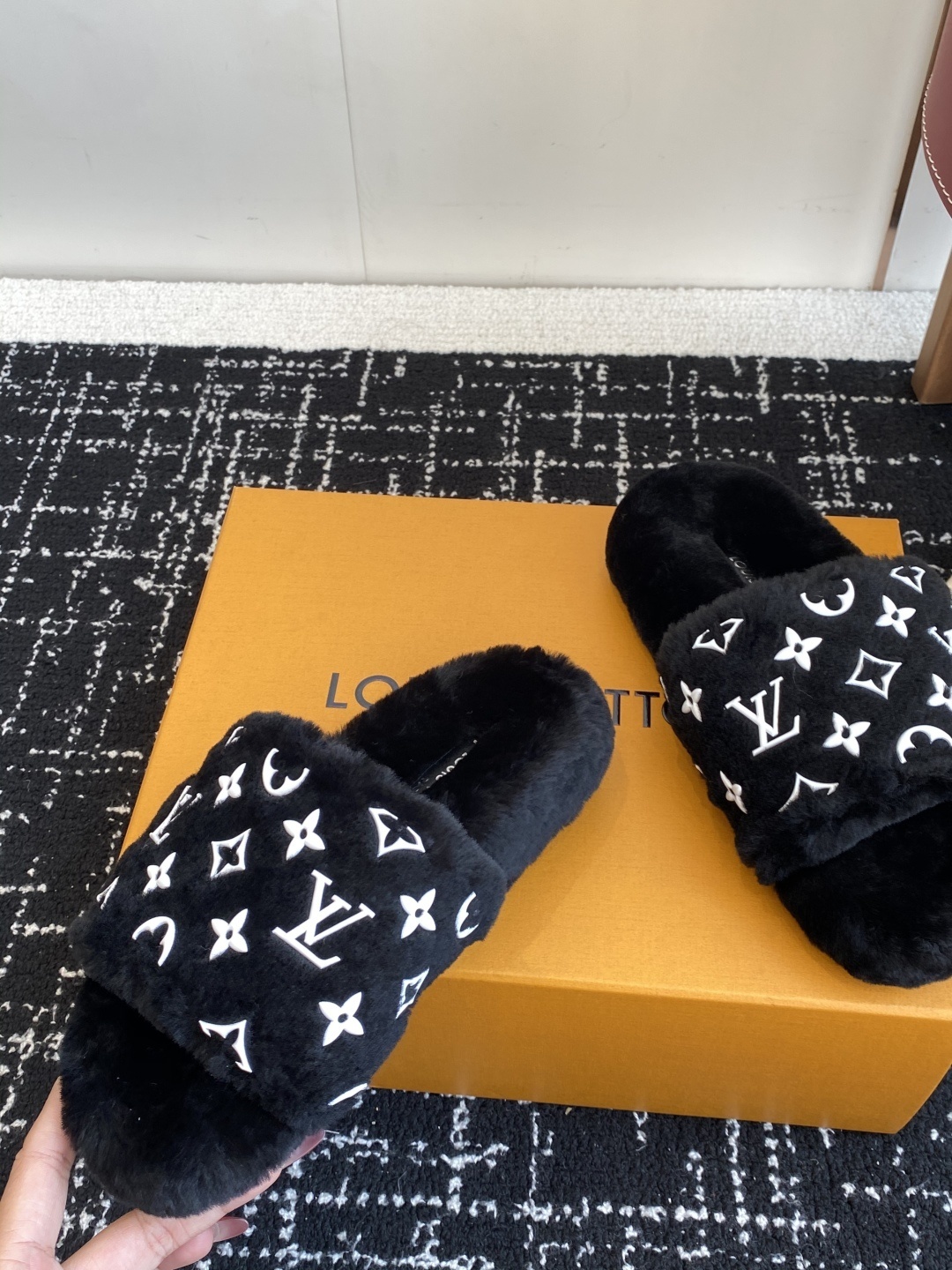 Luxury Monogram Plush Faux Fur Slides - Black Designer Slippers