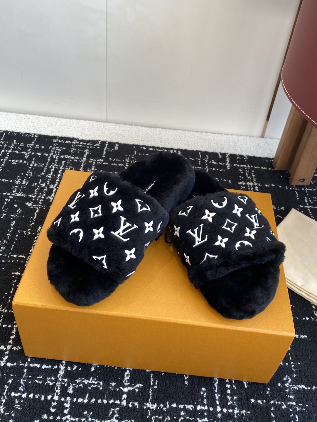 Luxury Monogram Plush Faux Fur Slides - Black Designer Slippers
