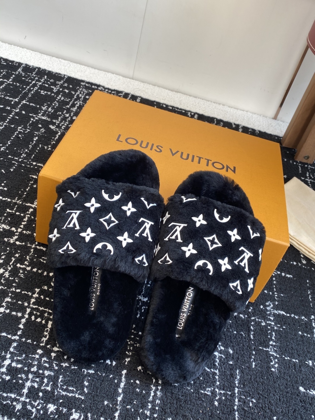 Luxury Monogram Plush Faux Fur Slides - Black Designer Slippers