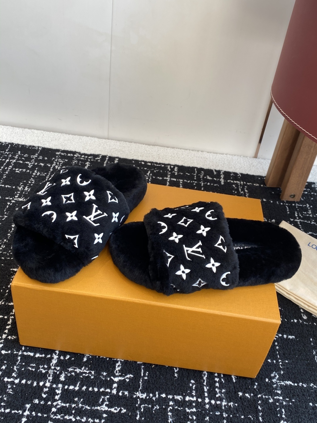 Luxury Monogram Plush Faux Fur Slides - Black Designer Slippers