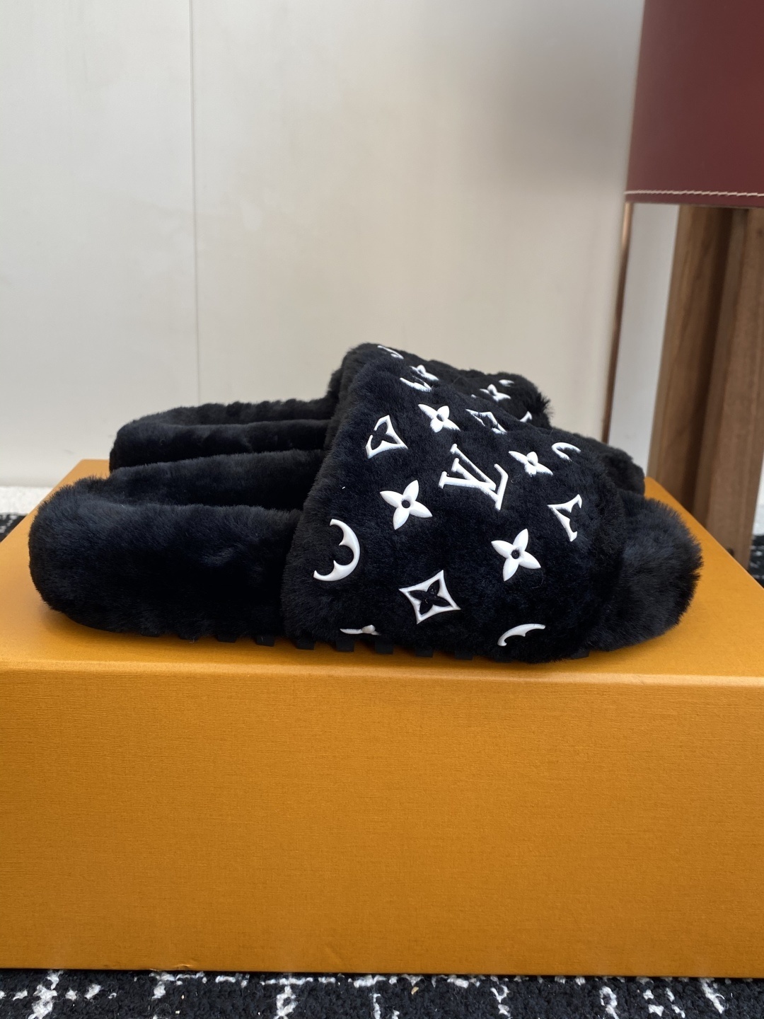 Luxury Monogram Plush Faux Fur Slides - Black Designer Slippers